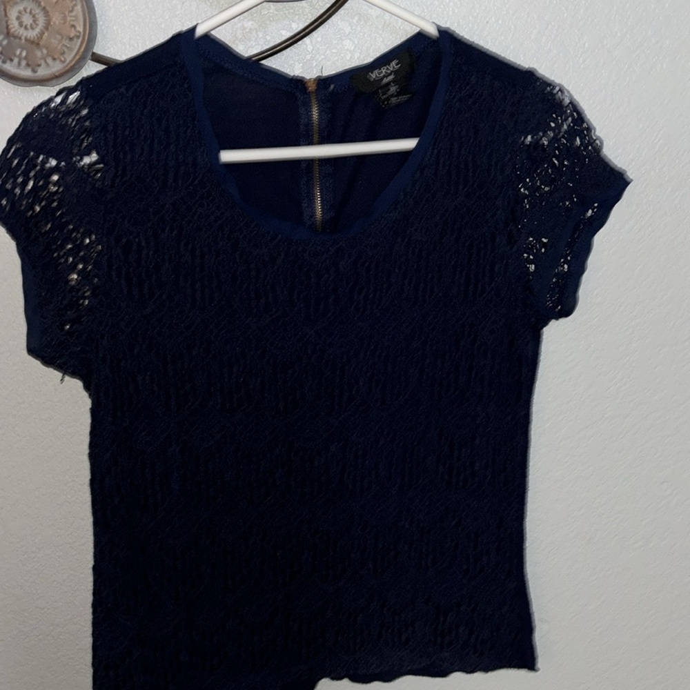 Verve Navy blue Junior L blouse ptp 19” length 22” body 100% Rayon lace